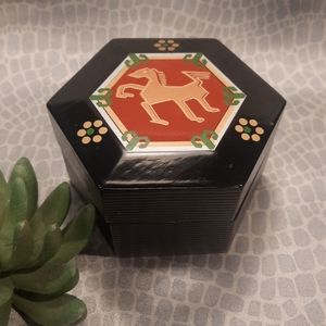 Vintage Black Lacquered Hexagonal Trinket Box with Horse Design